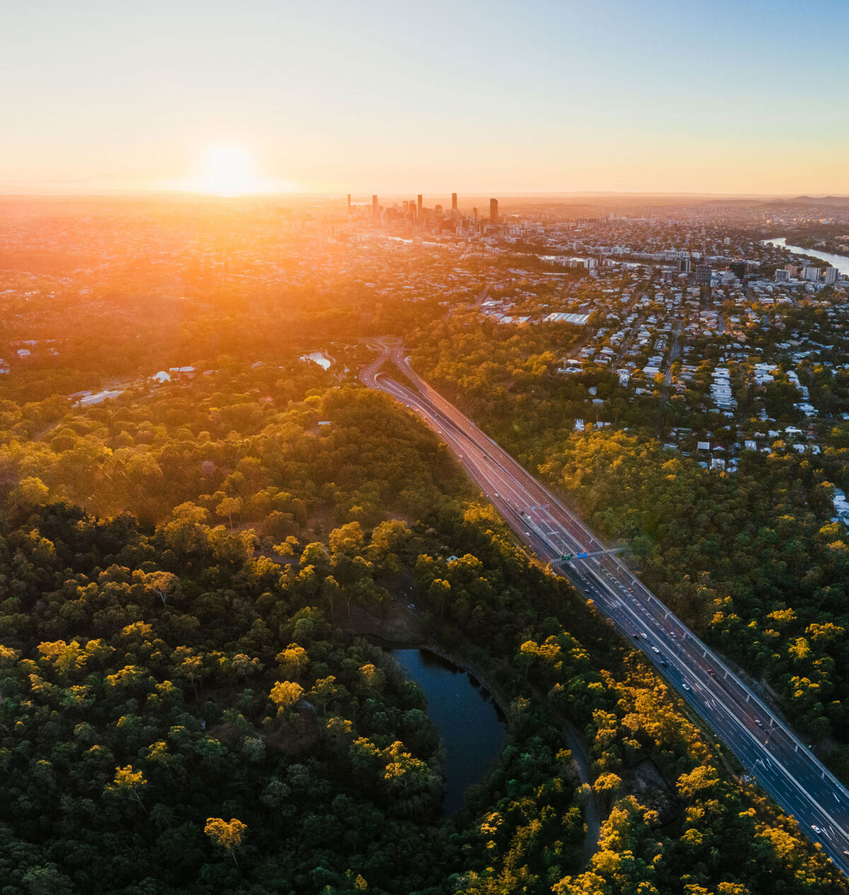 View of Brisbane City with lush green trees around from Mt Cootha